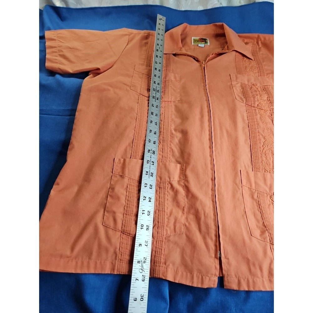 Haband Guayabera Cuban Shirt Zip Up Embroidered Peach Orange Rust Cubavera LG - Picture 3 of 9
